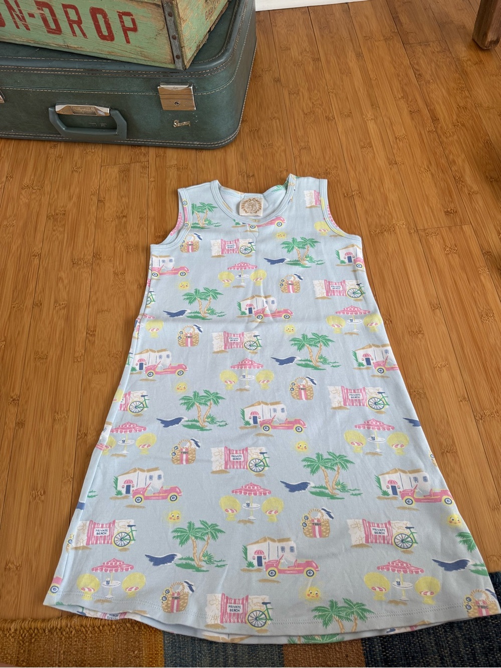 Sleeveless Light Blue Kids Dress with Tropical Print-Beaufort bonnet co.